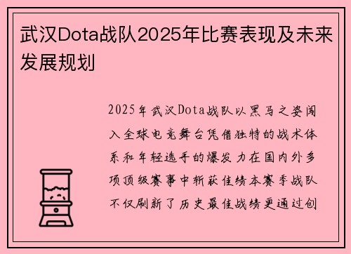 武汉Dota战队2025年比赛表现及未来发展规划